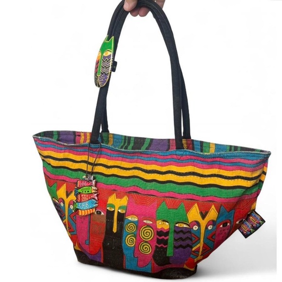 Laurel Burch 90s Cat Shoulder Bag Zip Tote AOP Whimsygoth Phoebe Buffay Cottage - Picture 1 of 13
